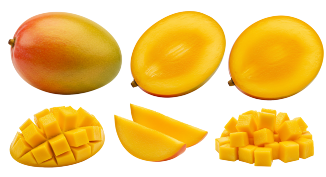 Ripe mango fruit slices cubes pieces various forms transparent background