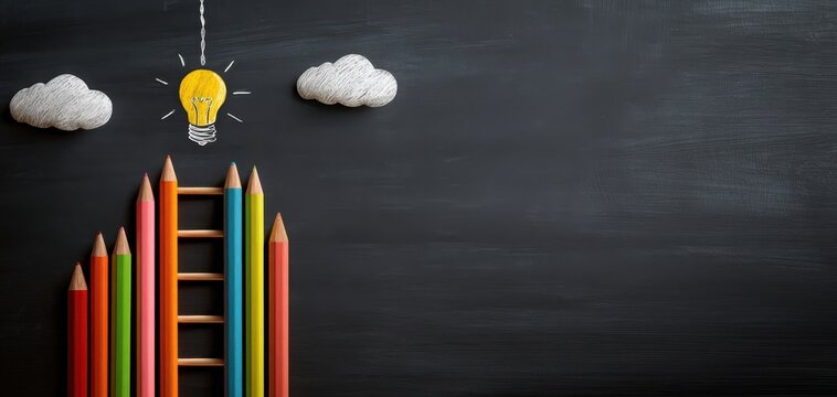 The creative ladder of colored pencils leading to a bright light bulb.