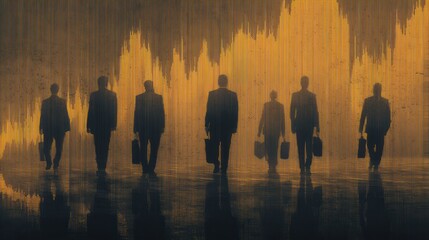 Silhouetted business people walk with briefcases in front of a financial chart.