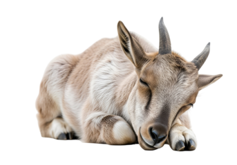 A young, light-brown goat rests peacefully, head lowered, against a pure black background.