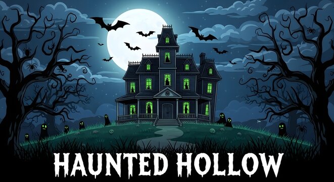 A detailed illustration of a haunted house named haunted hollow under a full moon, surrounded by bare trees and spooky elements, ideal for halloweenthemed designs and events