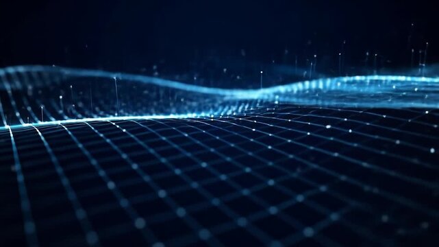Digital abstract grid of blue lines with connected dots on dark background