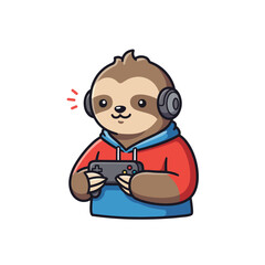 A cartoon sloth wearing headphones and a hoodie plays a video game