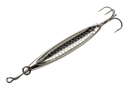 Silver fishing lure with three hooks on transparent background