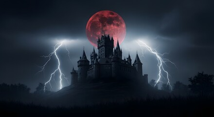 A menacing castle looms under a bloodred moon, illuminated by fierce lightning bolts that crackle across the stormy night sky, embodying pure horror