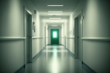 The long corridor of the hospital. Modern interior blurred background. AI generated.