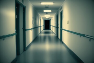 The long corridor of the hospital. Modern interior blurred background. AI generated.