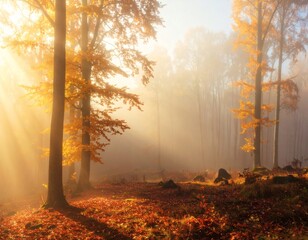 Obraz premium Golden rays of sunlight illuminate a misty autumn forest floor covered in fallen leaves