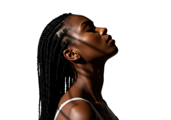 Woman with braided hair looking up isolated on transparent background