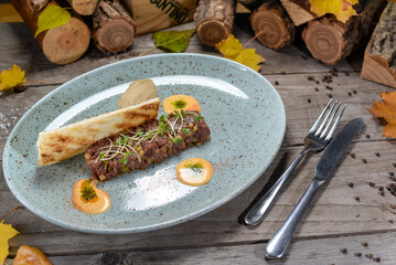 veal tartare with microgreens in a plate of bruschetta on a wooden background with decor