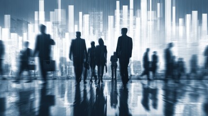 Silhouetted people walk in a modern interior with abstract light elements.