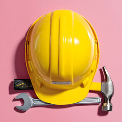 Labor day celebration with yellow hard hat and tools on pink background