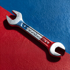Labor Day celebration with a red, white, and blue wrench on colorful surface