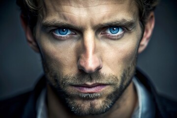 Obraz premium A man with a blue eye and a beard is staring at the camera