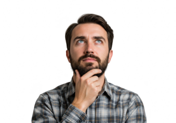 Man with hand on chin thinking isolated on transparent background