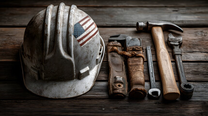 Labor Day celebration with tools and hard hat on rustic wooden background