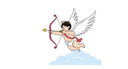 Fototapeta premium Cupid flies on a cloud, aiming a heart-tipped arrow, spreading love this Valentine's Day season