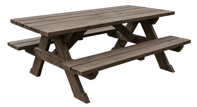 Rustic wooden picnic table with benches isolated on transparent background