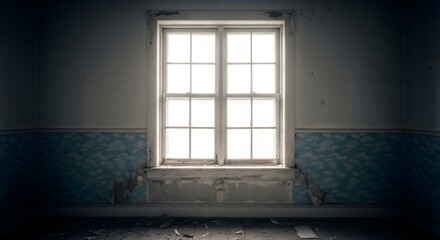 Fototapeta premium An old, abandoned room with a large window letting in bright light, creating a sense of mystery and decay