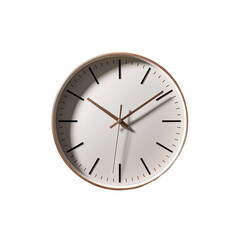 A round wall clock with a light beige face and a rose gold colored frame.  Clean, simple design with black numerals and hands