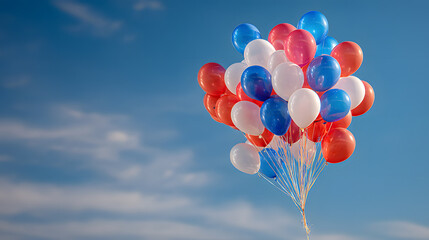 Colorful balloons floating against a clear blue sky on Labor Day