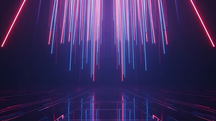 Glowing neon lines falling onto reflective surface