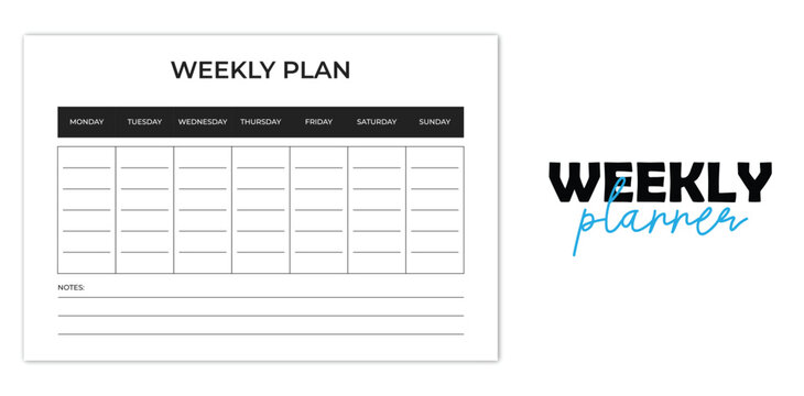 weekly,planner,plan flat vector printable simple black and white grid weekly plan template for schedule organization