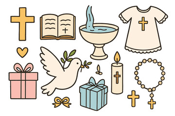 Hand-drawn christening symbols collection. Vector cartoon set for baptism invitation. Religious elements like cross, dove, bible, candle, rosary, and gifts for a baby.