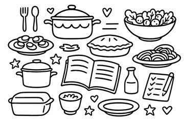 Hand drawn potluck and cooking icon set. Doodle vector illustration of food, recipes, kitchen elements. Includes pie, salad, pasta, casserole. Line art cartoon for sharing meals.