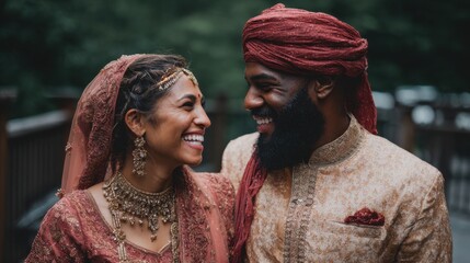 A joyful South Asian couple smiles at each other, dressed in traditional wedding attire. The woman has long dark hair and intricate jewelry. The man has a beard and wears a turban.