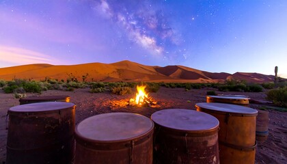 Nighttime desert landscape with drums and campfire