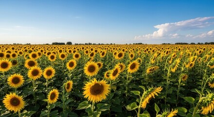Obraz premium Vibrant Sunflowers in a Field Under a Clear Blue Sky landscape with natural light