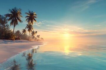 Serene tropical beach at sunset with palm trees lining the shore and calm turquoise waters reflecting the evening sky