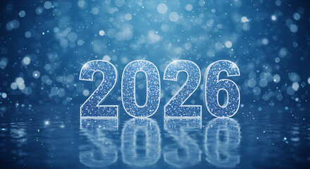 Festive Sparkling New Year 2026 Celebration with Glittering 3D Numbers, Blue Bokeh Lights and Magical Stars