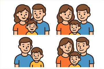 Family icons set. Cute cartoon vector illustrations of parents with children. Mother, father, son, and daughter character portraits. Simple flat avatars for web and mobile apps.