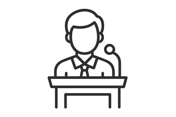 Public speaking icon. Speaker at podium giving speech. Business presentation. Conference lecture. Politician on tribune. Man with microphone. Leadership symbol. Outline vector.