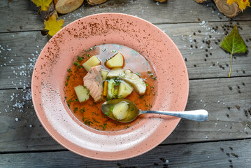 Salmon soup in a pinkish plate