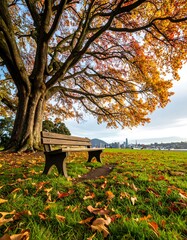 Naklejka premium Autumn park bench under large tree
