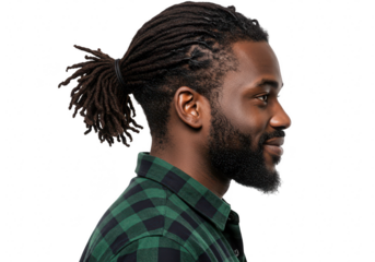 Man with dreadlocks in a green plaid shirt isolated on transparent background