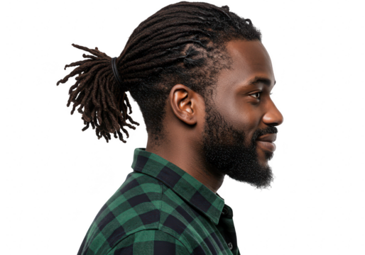 Man with dreadlocks in a green plaid shirt isolated on transparent background
