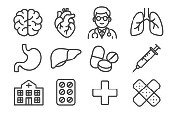 Medical and healthcare line icon set. Vector collection of hospital, doctor, organs, brain, heart, lungs, pills, and syringe symbols. For web, app, and infographic design.