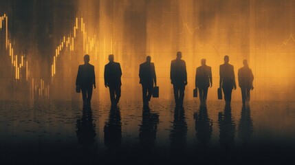 Silhouetted business people walk with briefcases against a financial graph background.