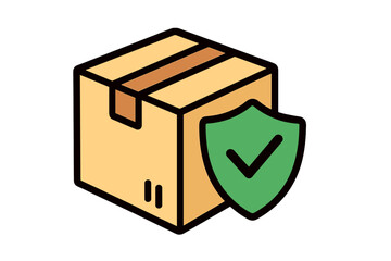 Secure Package Shipping Icon, Delivery Protection, Safe Parcel Service, Box with Shield and Check Mark, Logistic Safety Symbol, Vector Cartoon, Transparent Background, E-commerce Security Concept