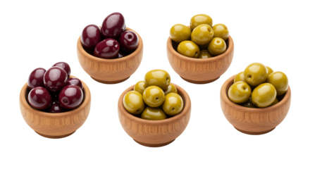 Five bowls of olives green and purple transparent background