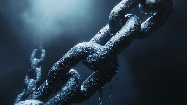 Heavy rusty chain dripping water in a dark, foggy environment