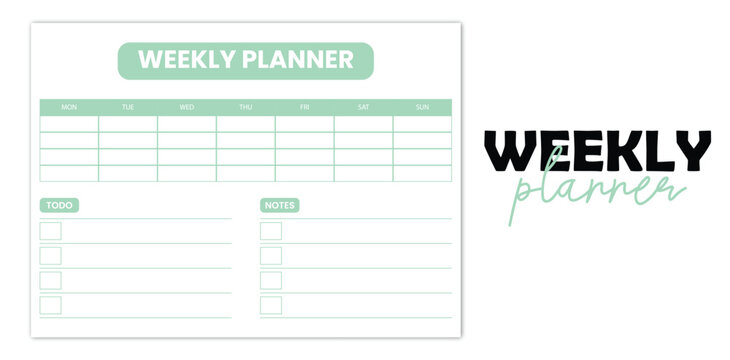 weekly,planner,plan flat vector printable weekly planner template with horizontal layout for time blocking and notes 