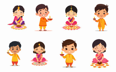 Bundle set of chibi kids wearing indian traditional outfit celebrating diwali with diya and rangoli