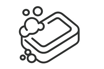 Soap bar with bubbles line icon. Vector outline graphic for hygiene, cleanliness. Simple symbol for web, apps. Concept of washing, skincare, bathroom, shower, suds, foam.