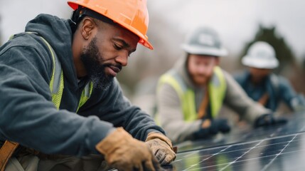 A group of diverse male workers installing solar panels on a cloudy day. One man is African American with a beard, wearing an orange hard hat and gloves.