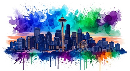 Obraz premium Seattle skyline watercolor splash art with Space Needle and Ferris